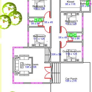 Pelan rumah banglo 1 tingkat 5 bilik