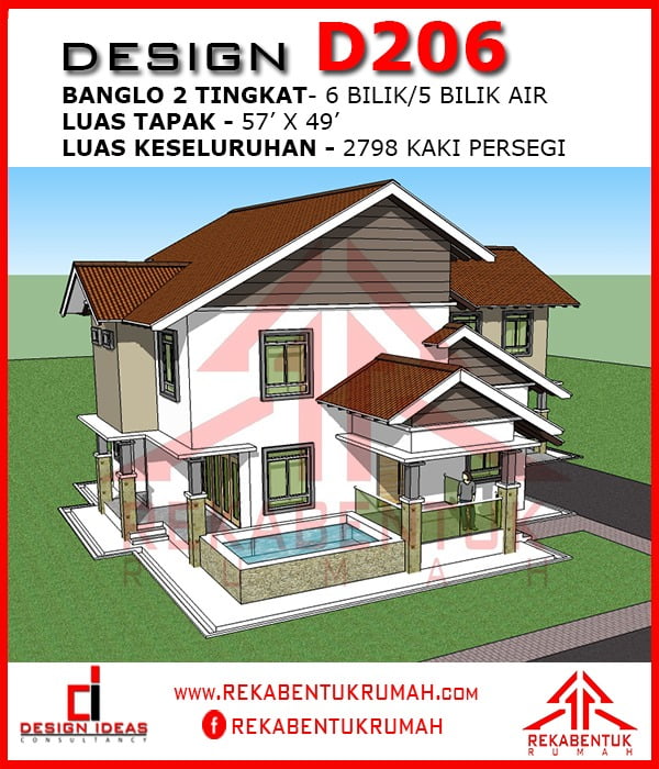 Pelan rumah banglo 2 tingkat 6 bilik