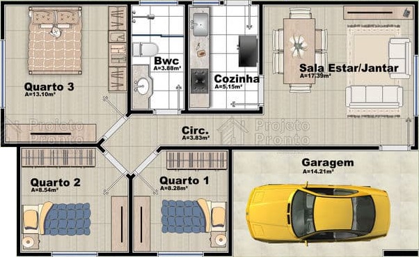 planta de casas com 3 quartos